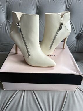 BCBGeneration Cream Pointed-Toe Leather Ankle Booties with Side Zipper